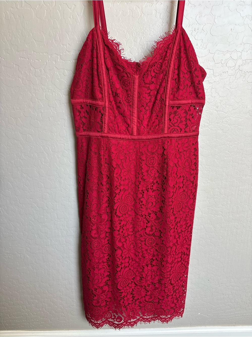 Express Red Lace Midi Slip Dress with Spaghetti Straps